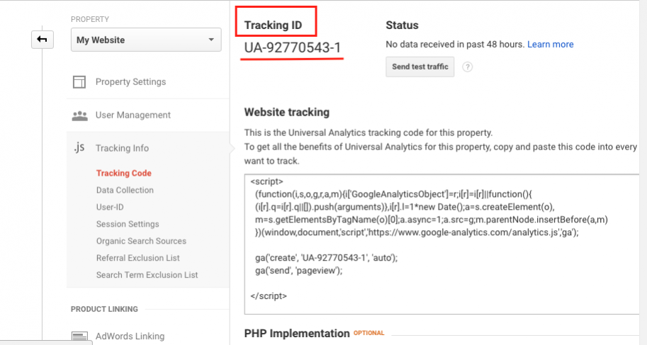 Finding your Tracking ID in Google Analytics