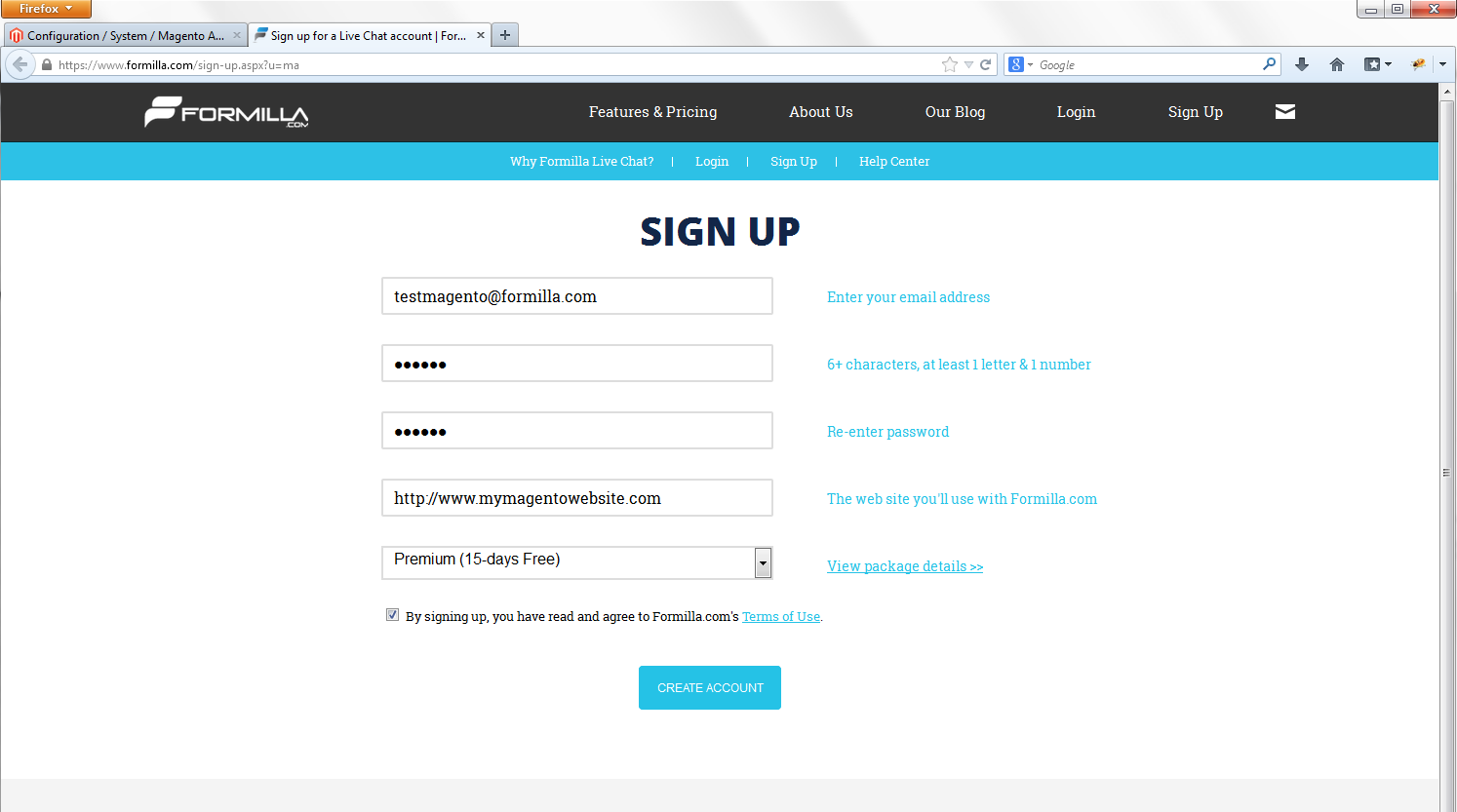 Magento live chat sign up