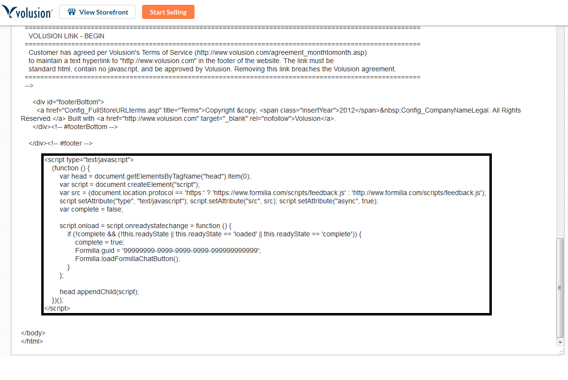 Volusion live chat paste Formilla code snippet
