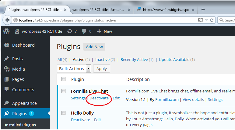 Deactivate Formilla Live Chat Plugin