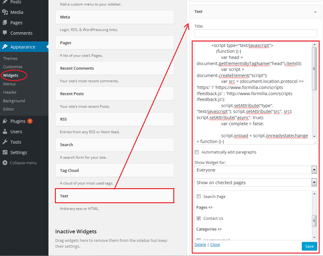 Display Widgets WordPress Plugin and Formilla Live Chat